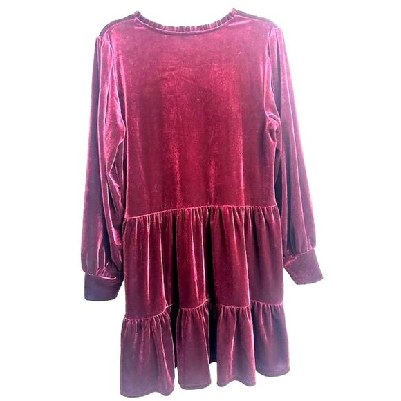 1. State Burgundy Velvet Ruffle Ballon Sleeves Tiered Flowy Boho Mini Dress XL - Picture 5 of 8